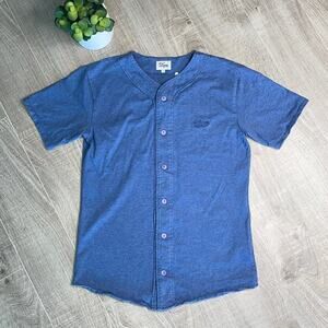 DQM New York Blue Button Front Short Sleeve Jersey Shirt Men's Size Large
